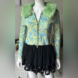 House Of Sunny Cypress Peggy Faux Fur Collar Cropped Cardigan in Cypress Size 6